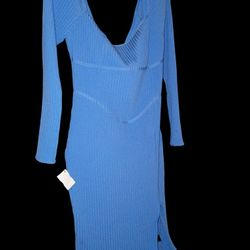 Fashion Nova Blue Ribbed Bodycon Midi Dress Long Sleeve Side Slit Women’s 1X