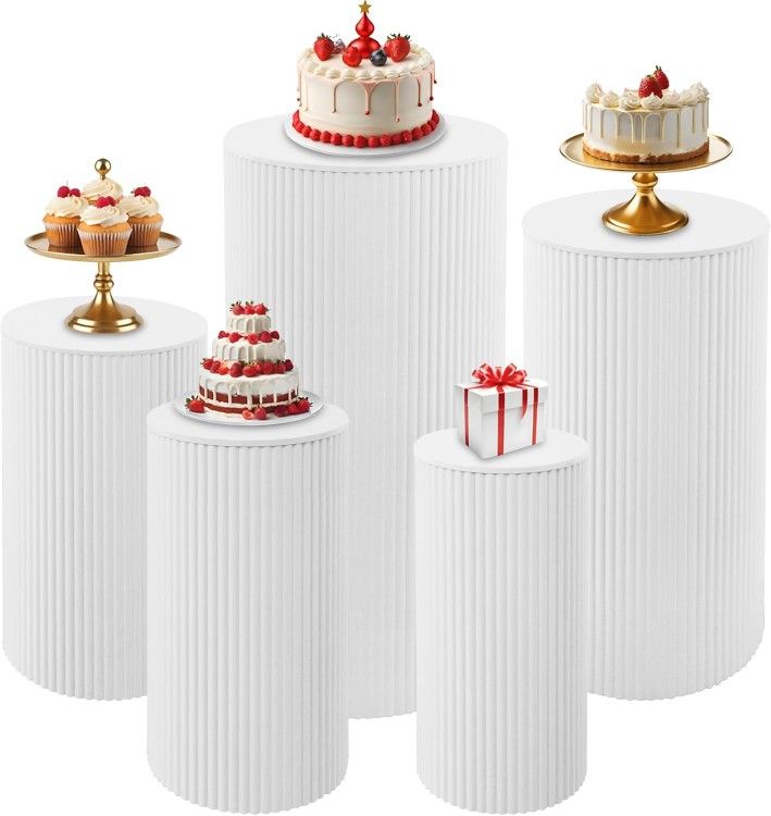 5 Pcs Metal Pleated Cylinder Pedestal Stands for Party, Heavy Duty White Round Cake Pedestal Stand Flower Plant Display Plinth Pillars for Wedding Bir