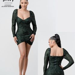 Women's Wrap-over Collar Lantern Sleeve Sequin Bodycon Dress