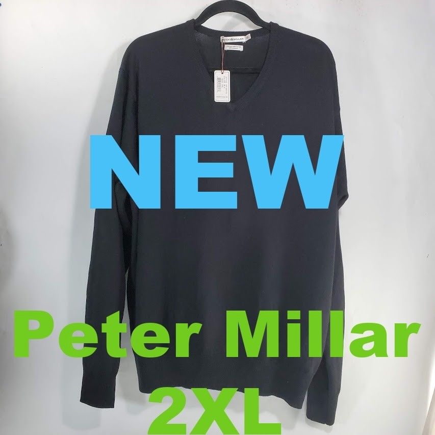 Peter Millar V Neck Silk Sweater Men's 2XL Long Sleeve Black Cotton Cashmere