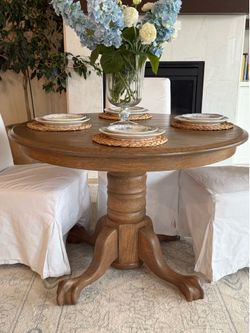 Fully Refinished Solid Oak Pedestal Dining Table | 45” Round Extends to 63” | Light Oak Finish