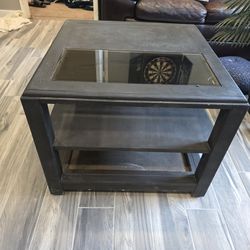 Dark Wood Storage Coffee Table w/ Glass Top & Shelves