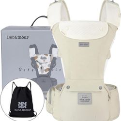 Bebamour Baby Carrier Safety-Certified Hip Seat Baby Carrier Newborn to Toddler Baby Hipseat 0-36Months with Head Hood, 3 PCS Teething Pads, Waist Ex 