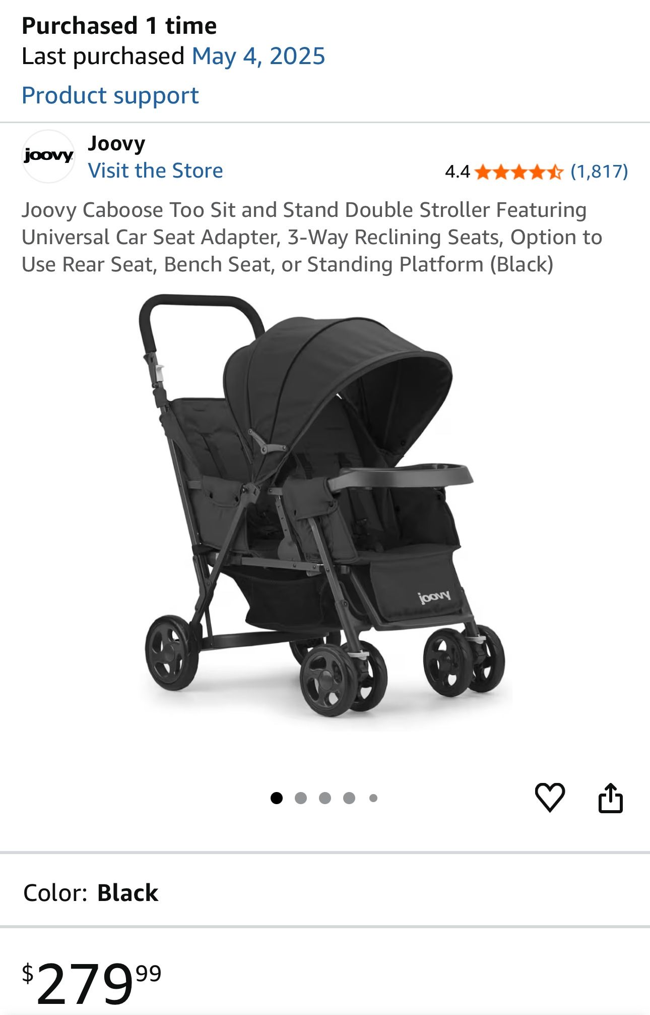 Joovy Caboose Too Sit and Stand Double Stroller Featuring Universal Car Seat Adapter, 3-Way Reclining Seats, Option to Use Rear Seat, Bench Seat, or S