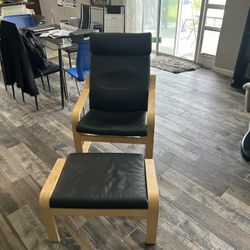 Black Leather IKEA Chair With Foot Stool