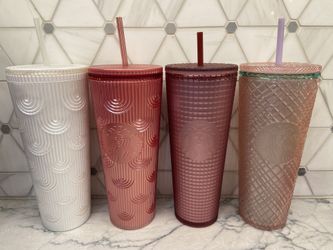 Starbucks White or Pink Shimmer Shell Mermaid Scales Cold Cup Tumbler; Starbucks Venti Dusty Rose Pink Shimmer Or Pearl pink/Green