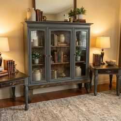 STUNNING One-of-a-Kind Solid Wood Set – Display Cabinet & Matching End Tables – Refinished Farmhouse Style