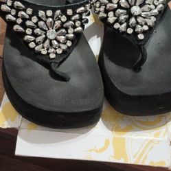 Yellow Box Black Rhinestone Flip Flops Sandles 