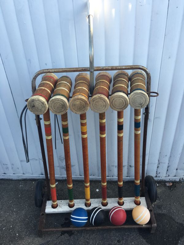 Vintage 6 Player Croquet Set with Wheeled Wood Cart for Sale in ...