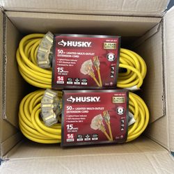 Husky 50 ft. 14/3 Medium Duty Indoor/Outdoor Extension Cord with Multiple Outlet Triple Tap Lighted End, Yellow