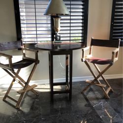 Bar Table & Director Chairs Set – Rustic Wood with Leather Seats