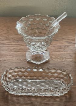 Fostoria American Clear Glassware, Relish Dish and Mayo Dish With Spoon