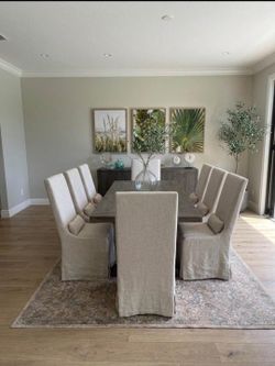 8 Restoration Hardware Belgian Slip Covered Dining Chairs. Set of Eight RH Dining Chairs