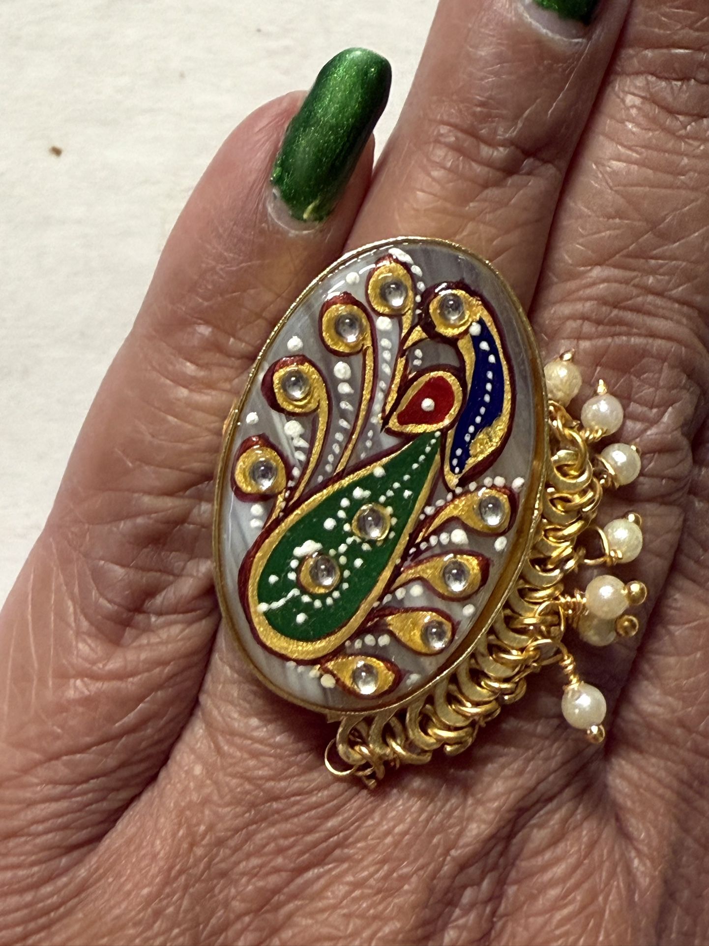 Peacock HAND-PAINTED Indian Golden W/BEADS Ring Kundan Bollywood Adjustable