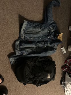 Billionaire boys jean jacket/ north face backpack