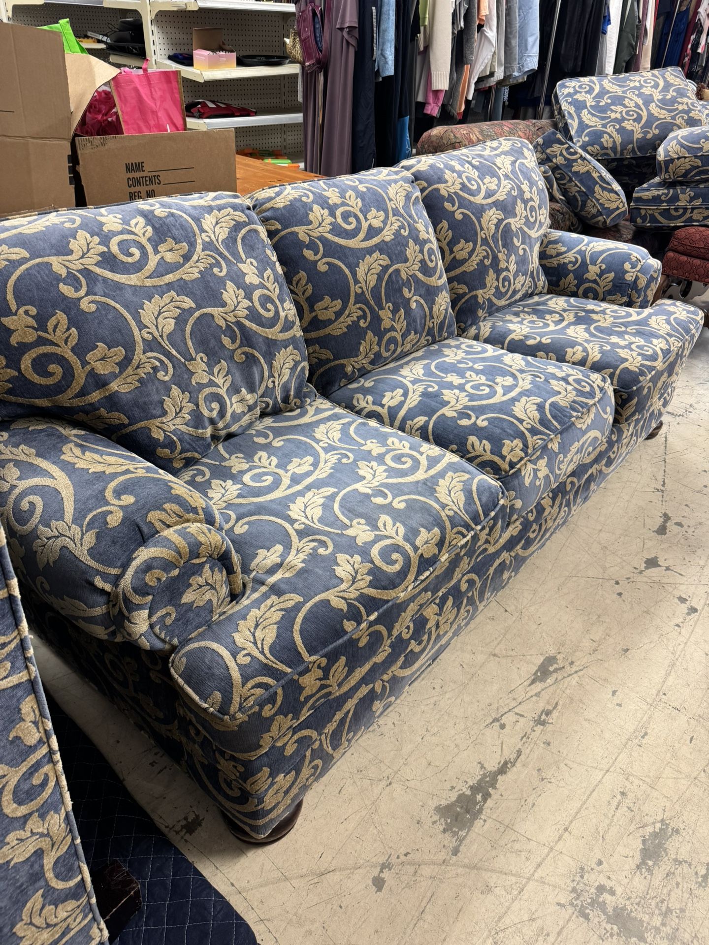 Traditional rolled-arm sofa by Century Furniture, upholstered in a luxurious blue and gold damask fabric - Excellent Condition - 86” x 36” - Originall