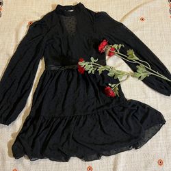 Women Polka Dot Black Dress Blouson Sleeve Dress Black Size Small Long Sleeve