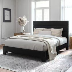 Queen-size upholstered platform bed frame with a headboard, easy to assemble