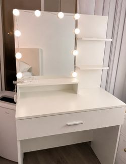 White Vanity Desk with Mirror & Lights