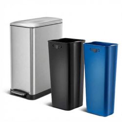 13 Gallon Dual Compartment Stainless Steel Kitchen Trash Can with Step Pedal and Soft Close Lid, Silver