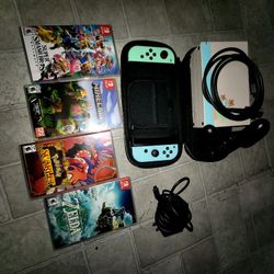 “Nintendo Switch Animal Crossing Edition + 4 Games (TOTK, Smash, Pokémon, Minecraft) – Great Condition!”