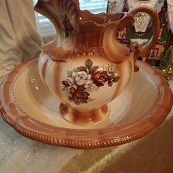 Beautiful Brown N Cream Colored Flowered  Pitcer