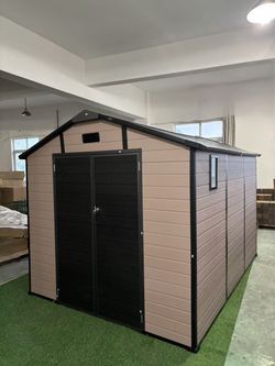 8x10 FT Plastic Outdoor Storage Shed - Lockable Resin Tool Shed with Window & Floor, Champagne
