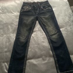 $220 Mens Rock Revival Jeans "Lynx" Black Leather Inserts Straight size 30