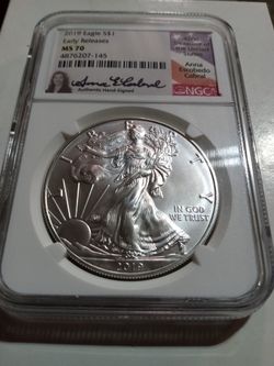 2019 Silver Eagle $1 Early Releases - MS 70 Anna Cabral Hand Signed 