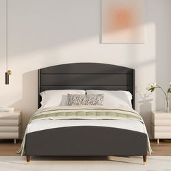 Queen Bed Frame with Wingback Headboard, Platform Bed Frame with Velvet Upholstered Headboard, No Box Spring Needed, Gray