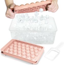 Round Ice Cube Tray with Lid & Bin – Easy Release Ice Maker Set (Pink)