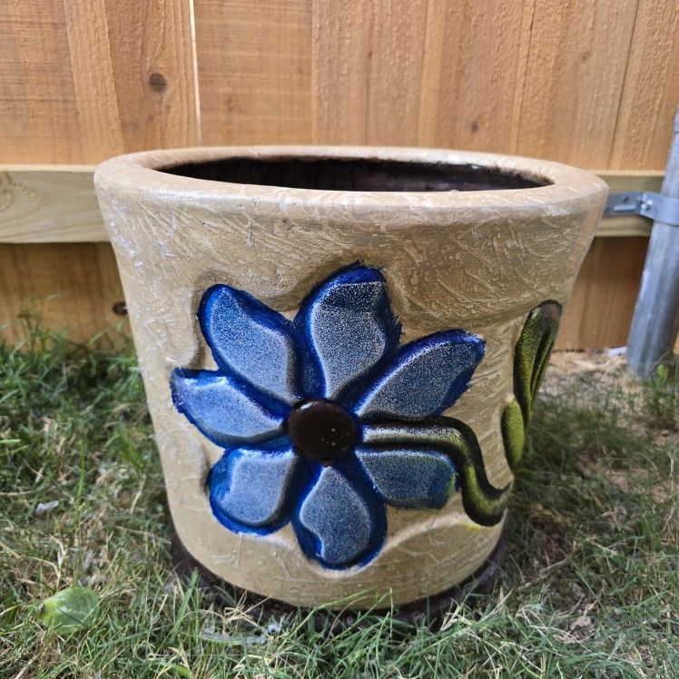 Mexican Import Barro Clay Blue Flower Design Flower Pot Planter