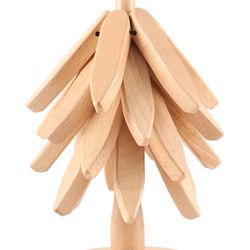 Wooden Trivets for Hot Dishes, Tree-Shaped Wooden Trivet Set, Includes 4 Trivets with Stand, Beech Wood