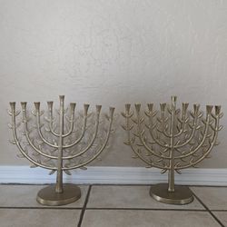 Set of 2 Threshold™ Tree of Life Menorahs - Gold Cast Metal Judaica