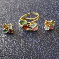 Ladies 18 K Solid Gold Ring & Earrings Multi Colored Stones 