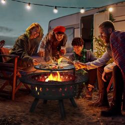 38" Wood Burning Fire Pit Metal Backyard Patio Round Table Outdoor Heating and Cooking Grill Rack Grate for Garden Picnic Camping Bonfire, Black