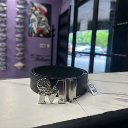 MCM Belt Black Silver Lion Buckle 
