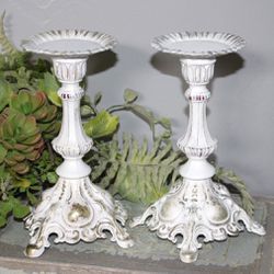 Vintage Shabby Chic Distressed White Candle Holders