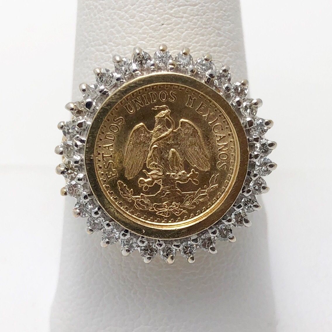 Diamond 14K Gold 2 Peso Mexico Gold Coin Ring (1148D) for Sale