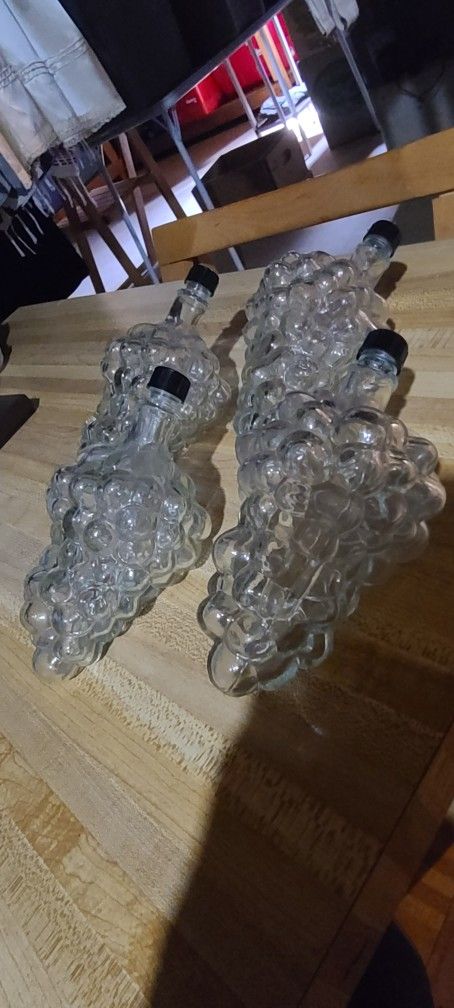 Lot of 4 Glass Grape Clustered Carafes Or Hydrponic Vases
