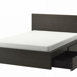 IKEA MALM High bed frame/4 storage boxes, black brown  KING + 2x  Chest of 2 drawers, black-brown