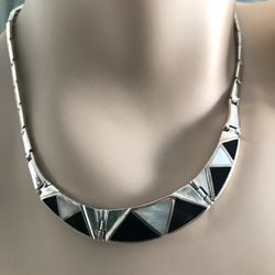 925 Sterling silver Handmade natural onyx And Mother Of Pearl Necklace Size 16”