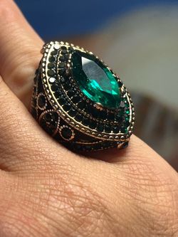 Ornamental Gold-Tone Emerald Statement Ring – Silver Marked