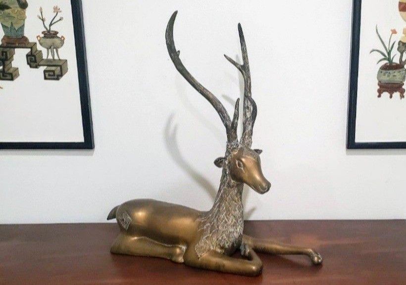 Vintage Sarreid- Heavy Brass Deer Figurine;19 inches from tail to leg long; 19.5 inches tall and weighs 15 pounds.