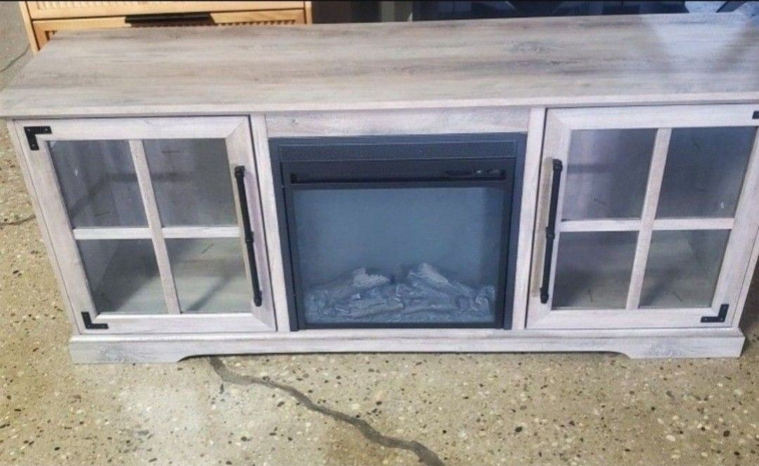 Graywash Modern  2-Door Glass Fireplace TV Stand,(New In A Box)