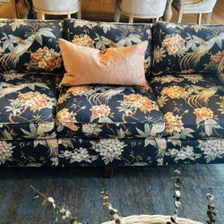 Vintage Ethan Allen Blue Bird Pattern Sofa 