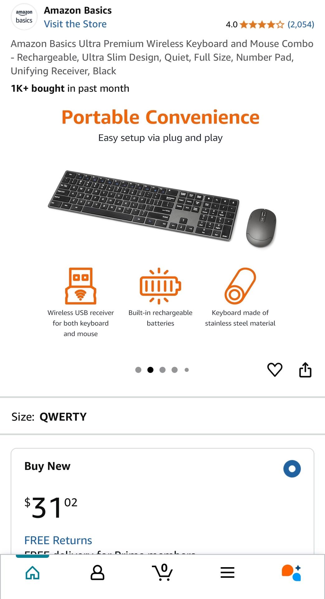 Amazon Basics Ultra Premium Wireless Keyboard and Mouse Combo - Rechargeable, Ultra Slim Design, Quiet, Full Size, Number Pad, Unifying Receiver, Blac