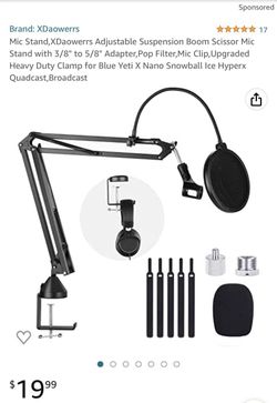 Mic Stand,XDaowerrs Adjustable Suspension Boom Scissor Mic Stand with 3/8" to 5/8" Adapter,Pop Filter,Mic Clip, Upgraded Heavy Duty Clamp for Blue Yet