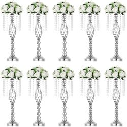 10 Pcs Silver Crystal Flower Stand Wedding Centerpiece Vases (19.3 Inches Tall)
