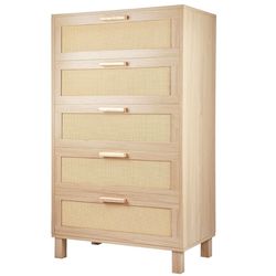 5 Drawer Dresser, Chest of Drawers, Hamilton Rattan Tall Bedside Storage Table, Oak Dresser for Bedroom,Living Room
